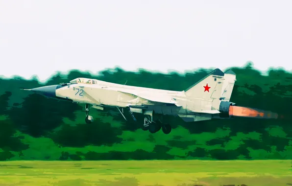 Картинка Рисунок, АРТ, Авиация, Взлет, Перехватчик, сверхзвуковой, МиГ-25, Foxbat
