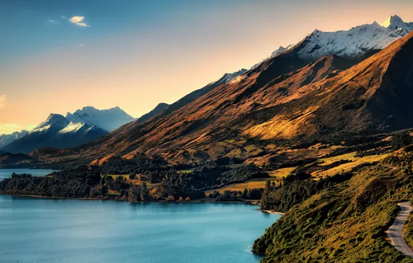 Road, New Zealand, mountains, lake, Queenstown, South Island