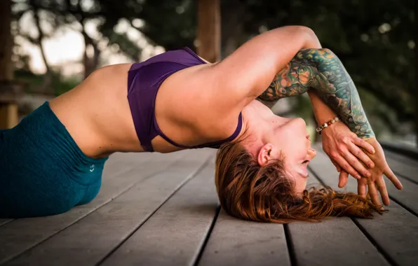 Woman, yoga, floor, tattoo