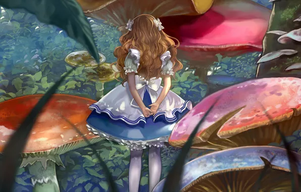 Картинка грибы, Алиса, девочка, бантики, Alice in Wonderland, Alice