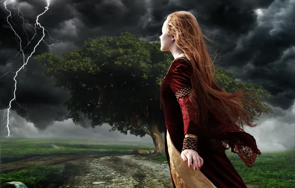 Картинка девушка, шторм, природа, дерево, молния, платье, средневековье