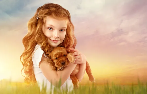Картинка фон, волосы, ребенок, девочка, щенок, рыжая