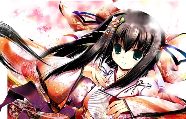 Картинка девушка, ветер, веер, кимоно