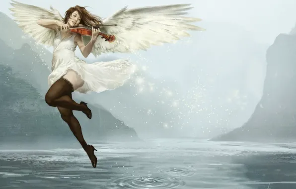 Девушка, Музыка, Озеро, Скрипка, Ангел, Азиатка, Girl, Крылья