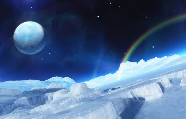 Картинка планета, лёд, радуга