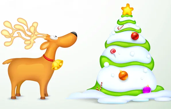 Снег, праздник, елка, новый год, олень, рога