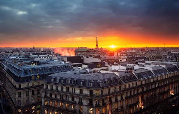 Небо, закат, Париж, башня, дома, вечер, панорама, франция