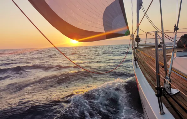 Море, волны, солнце, путь, побережье, утро, яхта, парус