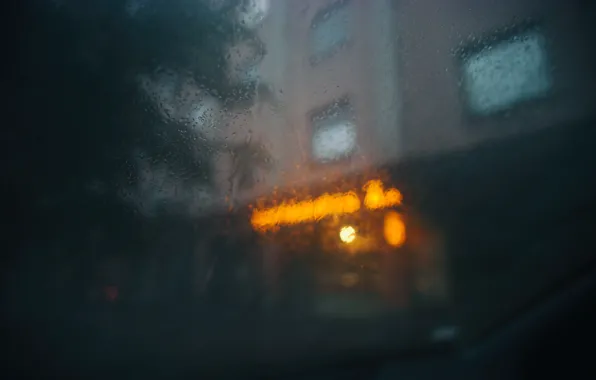 Картинка стекло, капли, город, дождь, боке