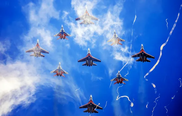 Картинка Небо, Су-27, МиГ-29, Пилотажная группа, &ampquot;Стрижи&ampquot;, &ampquot; Русские Витязи&ampquot;