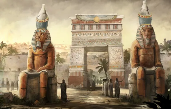 Картинка город, люди, арт, арка, статуи, египет