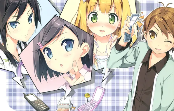 Лицо, румянец, телефон, друзья, школьники, tsukiko tsutsukakushi, ouji to warawanai neko, youto uokodera