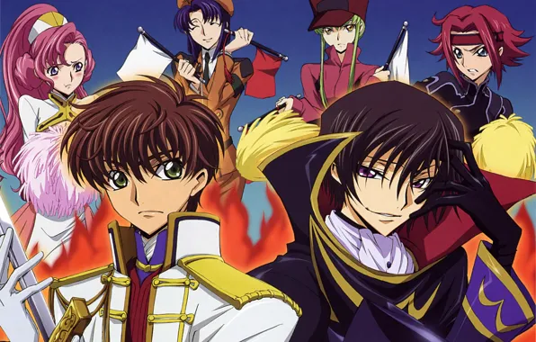 Пламя, меч, помпоны, форма, плащ, флажки, code geass, lelouch lamperouge