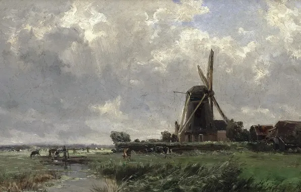 Картинка пейзаж, природа, река, ручей, картина, Карлос де Хаэс, Голландская Мельница