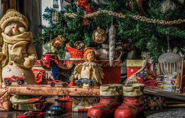 Картинка праздник, игрушки, куклы, ель, подарки, декор