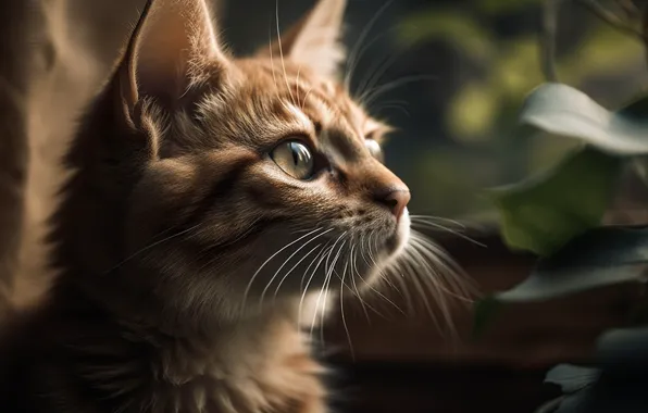 Кошка, кот, усы, взгляд, листья, свет, котенок, портрет
