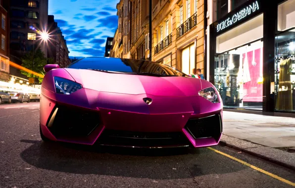 Картинка авто, улица, Lamborghini, суперкар, магазин, Aventador, purple, LP760-4