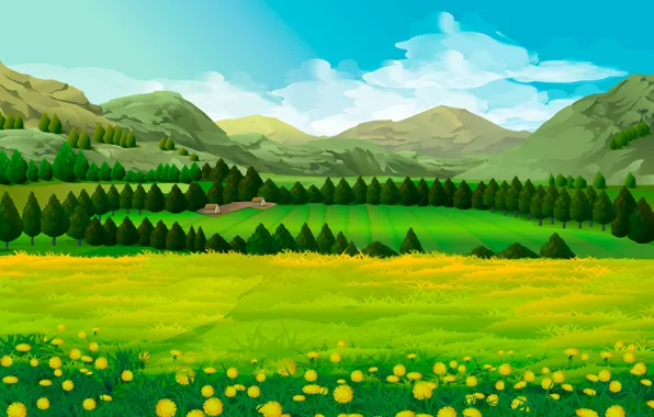 Картинка поле, деревья, пейзаж, горы, луг, одуванчики