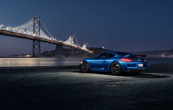 Картинка Porsche, Dark, Cayman, Car, Blue, Bridge, Night, Sport