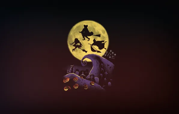 Минимализм, Луна, Halloween, Арт, Ведьмы, by Vincenttrinidad, Vincenttrinidad, by Vincent Trinidad