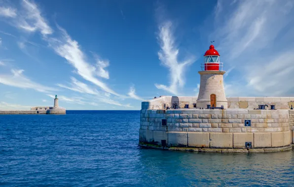 Море, небо, маяк, Средиземное море, Malta, Мальта, Валлетта, Valletta