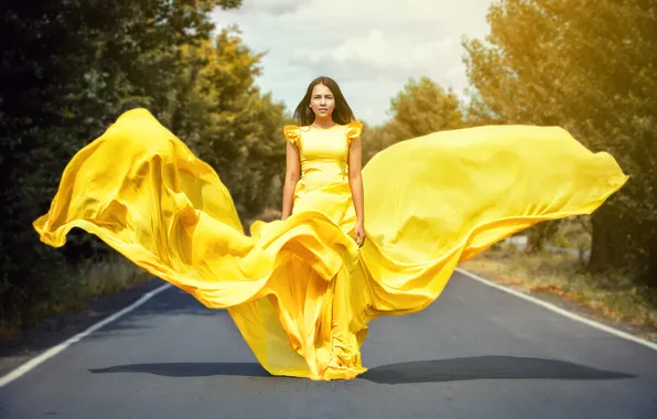 Картинка дорога, Девушка, платье, желтое