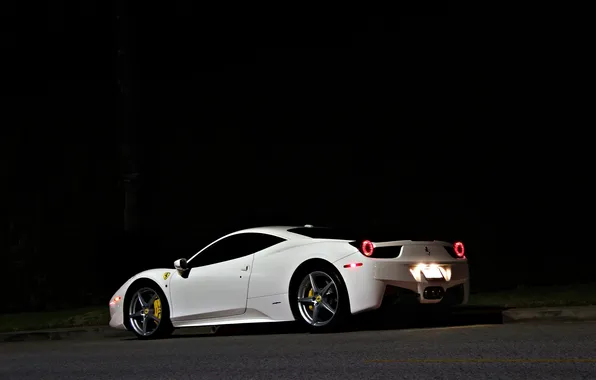 Картинка белый, white, ferrari, феррари, вид сзади, италия, 458 italia, свет фар