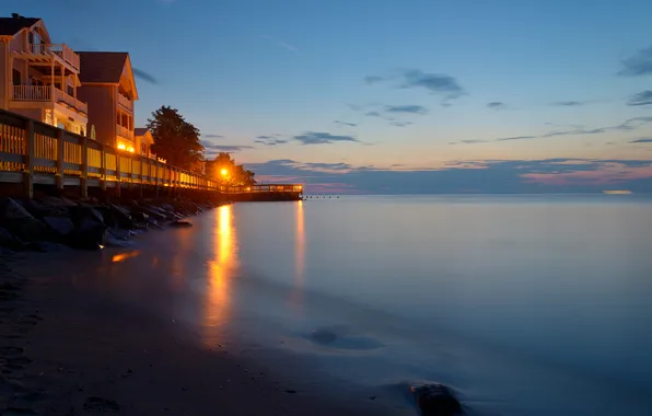 Картинка пляж, рассвет, утро, фонари, домики, USA, США, Maryland