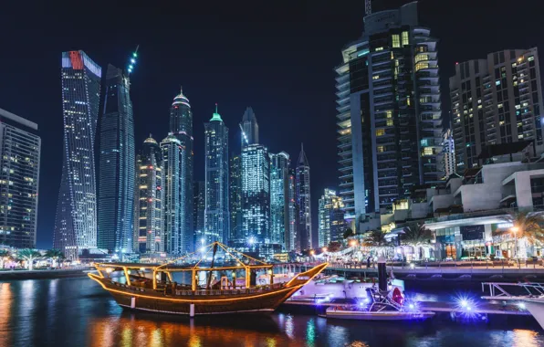 Картинка city, lights, Dubai, sea, ocean, night, evening, buildings