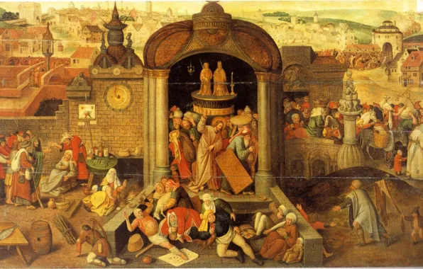 Картинка религиозная живопись, Иероним БОСХ, Христос изгоняет торгующих из храма