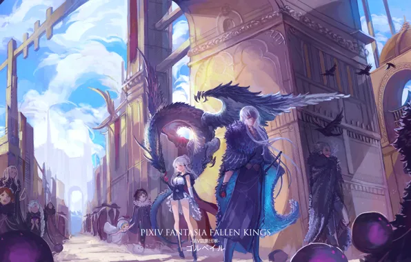 Город, фантазия, аниме, арт, парень, Pixiv Fantasia