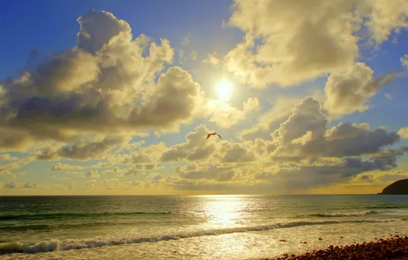 Картинка море, солнце, облака, природа, фото, побережье, Калифорния, Malibu