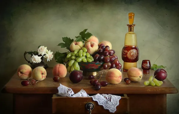 Цветы, бутылка, розы, виноград, натюрморт, персики, сливы