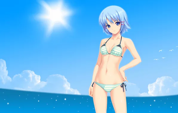 Girl, sexy, cleavage, sky, sea, boobs, anime, blue eyes