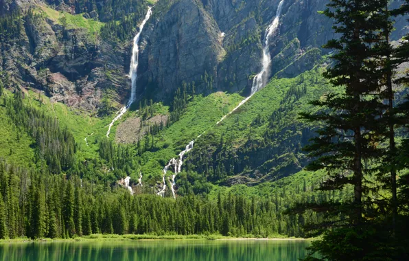 Горы, озеро, Монтана, водопады, Glacier National Park, Глейшер, Montana, Avalanche Lake