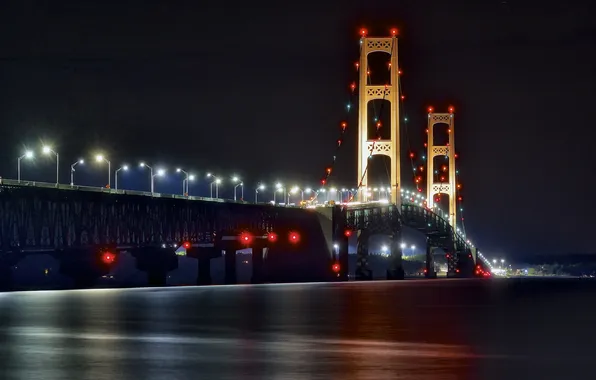 Картинка ночь, огни, Макино, The Mackinac Bridge