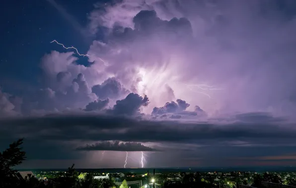 City, lightning, night, clouds
