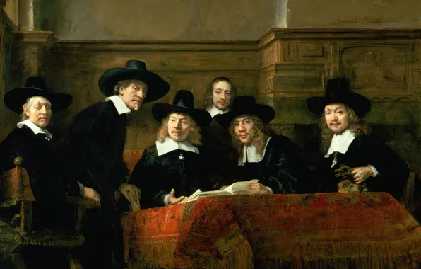 Масло, картина, холст, Rembrandt Harmenszoon van Rijn, Рембрандт ван Рейн, 1662, Старшины гильдии ткачей в …