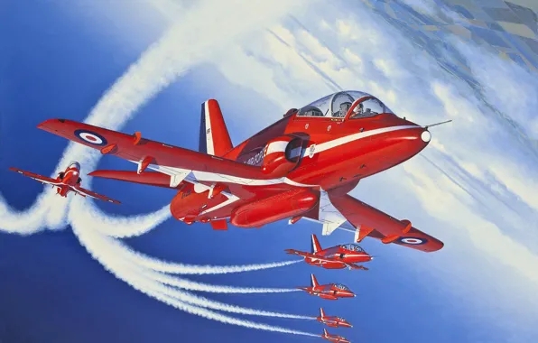 Самолет, рисунок, Великобритания, red arrows, учебно-тренировочный, Королевские ВВС, красные стрелы, BAe Hawk Т1