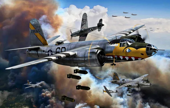 Картинка Дым, Bf-109, Luftwaffe, Вторая Мировая война, Marauder, полосы вторжения, Авиабомба, B-26B