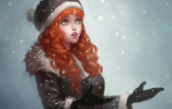 Картинка девушка, снег, снежинки, арт