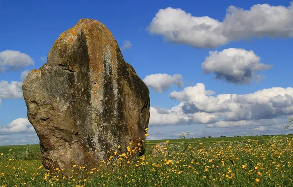 Картинка поле, небо, облака, Standing, Stones-Stone, каменная глыба
