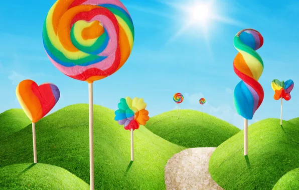 Картинка небо, трава, солнце, colorful, леденцы, sweet, candy, lollypop