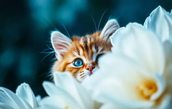 Кошка, взгляд, свет, цветы, поза, котенок, малыш, рыжий