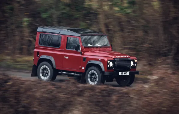 Картинка красный, движение, растительность, внедорожник, Land Rover, 2018, Defender, V8