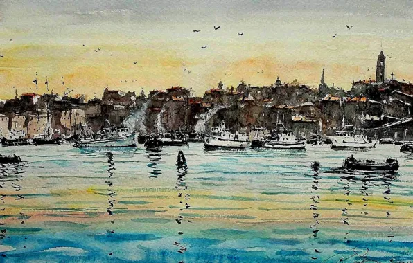 Картинка море, пейзаж, город, лодка, картина, акварель, Максимилиан Дамико