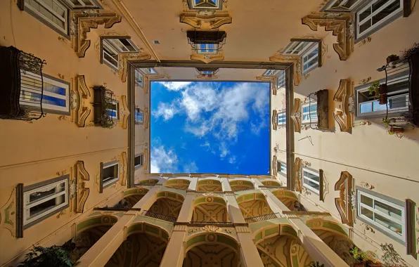 Небо, облака, башня, Италия, Неаполь, Palazzo dello Spagnolo