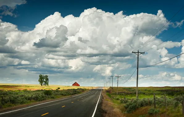 Road, clouds, power line, red barn