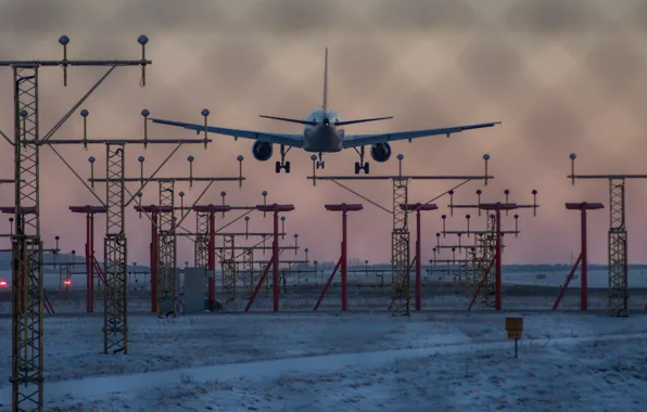 Winter, airplane, dusk, landing