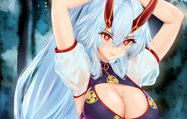 Girl, sexy, cleavage, long hair, boobs, anime, beautiful, red eyes